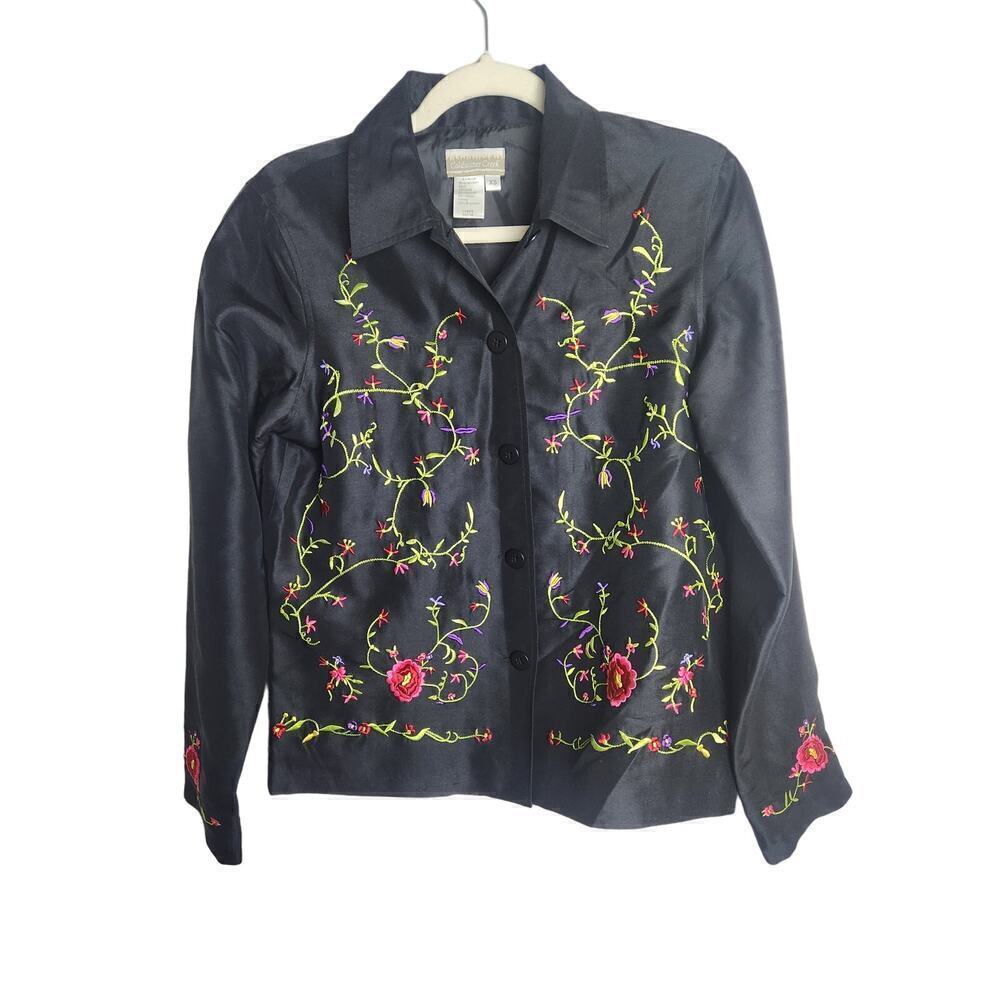 Vtg Coldwater Creek Silk button front embroidered lightweight jacket sz xs boho